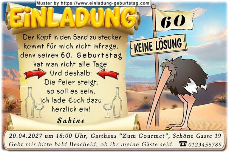 Die lustige Einladung zum Geburtstag - Vogel Strauß steckt seinen Kopf in den Sand - das ist für Sie keine Lösung - Sie feiern