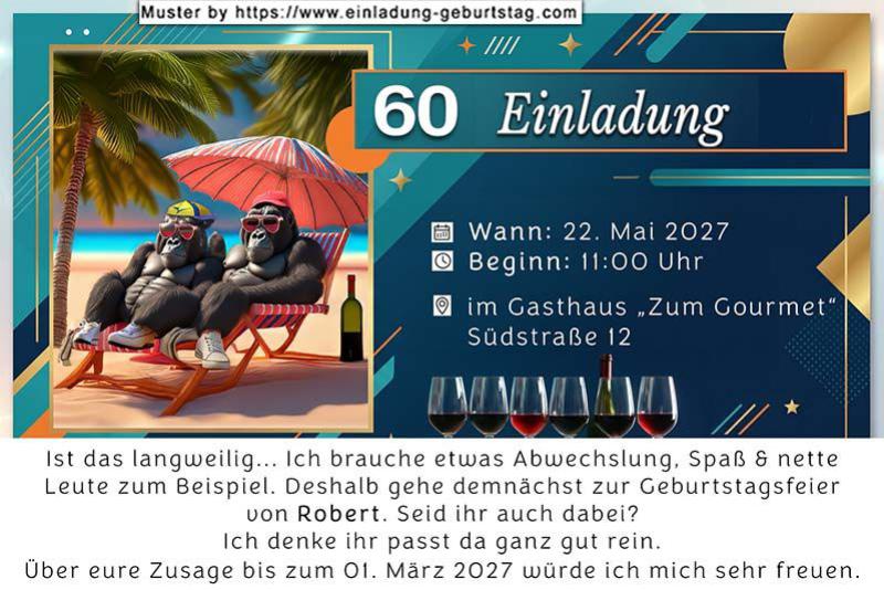 Die lustige Einladung zum Geburtstag mit dem Gorillapaar im Liegestuhl