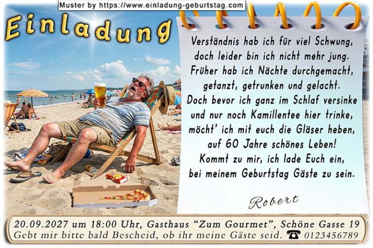 Die lustige Einladung zum Geburtstag – ein Mann auf einem Mammut sitzend wünscht sich eine rustikale Feier ohne Schnickschnack. Bier und Wein sind dabei.