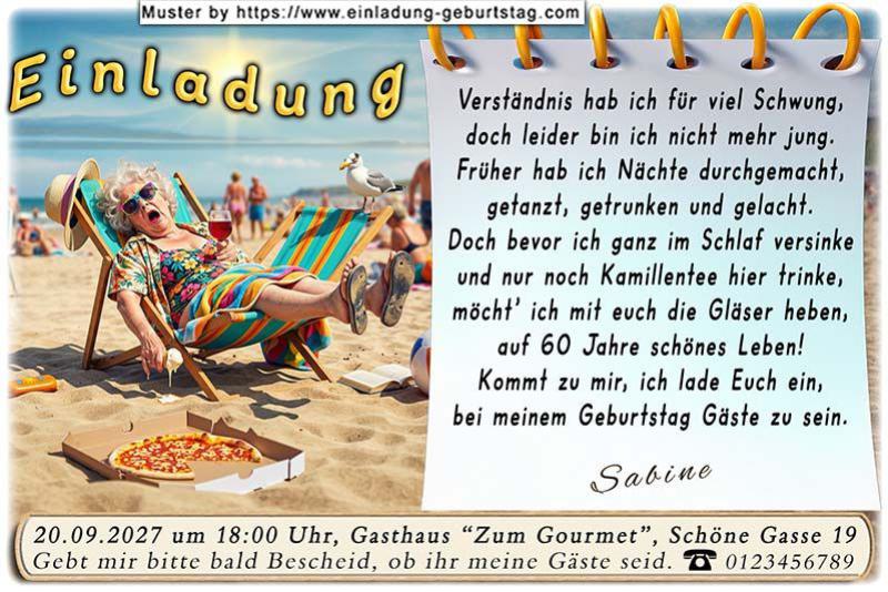 Die lustige Einladung zum Geburtstag - Die sichtlich vom Alter geschaffte Frau im Liegestuhl am Strand mit einem Glas Rotwein auf dem Bauch