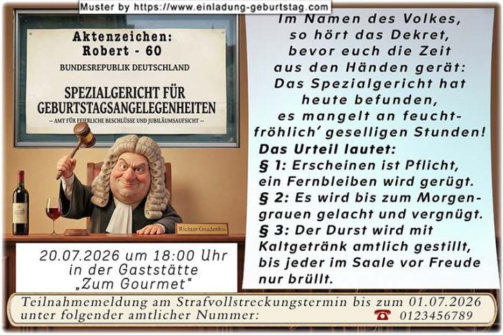 Die lustige Einladung zum Geburtstag - das Spezialgericht für Geburtstagsangelegenheiten unter dem Vorsitz von Richter Gnadenlos hat sein Urteil gesprochen.