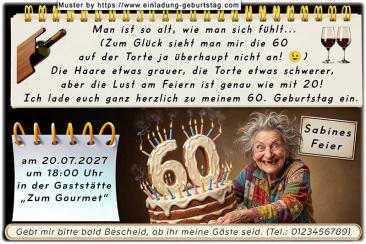 Die lustige Einladung zum Geburtstag mit der Frau, die eine Torte mit Ihrem Alter darauf in der Hand hält.