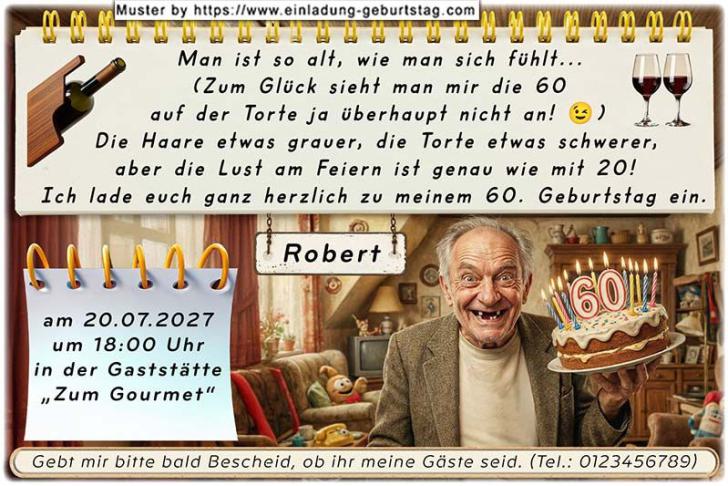 Die lustige Einladung zum Geburtstag mit dem Mann, der eine Torte mit seinem Alter darauf in der Hand hält