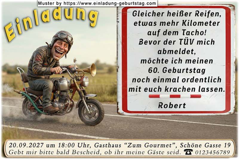 Die lustige Einladung zum Geburtstag mit dem Mann auf einem originellen Motorrad
