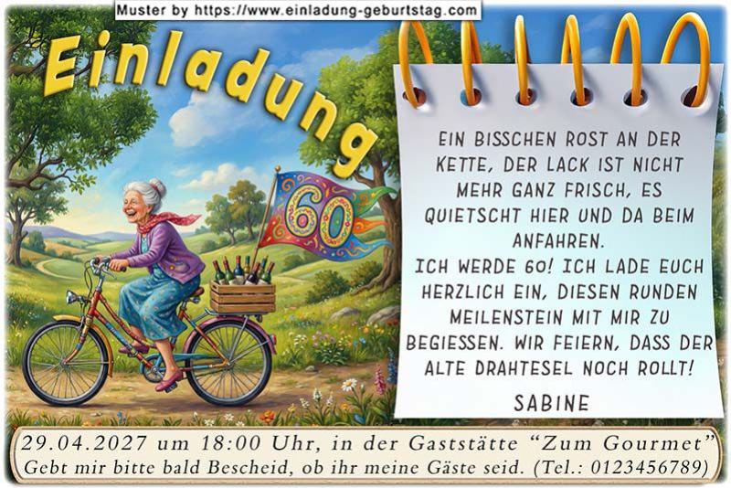 Die lustige Einladung zum Geburtstag mit der Frau auf dem Fahrrad im Park, am Gepäckträger ein Fähnchen mit Ihrem Alter