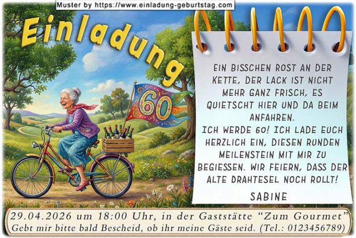 Die lustige Einladung zum Geburtstag - eine Frau fährt auf einem Fahrrad durch den Park und hat sichtlich Spaß dabei. Darauf befindet sich ein Fähnchen mit Ihrem Alter.