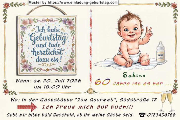 Die lustige Einladung zum Geburtstag - das lebenslustige Baby - 60 Jahre (hier kann jedes Alter eingesetzt werden) ist es her.