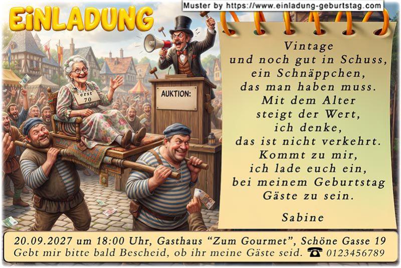 Die lustige Einladung zum Geburtstag - eine Auktion, die zeigt - mit dem Alter steigt Ihr Wert.