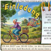 Witzige Einladung zum Geburtstag – Frau auf Fahrrad im Park mit Alters-Fähnchen