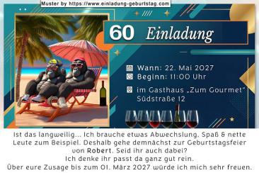 Die lustige Einladung zum Geburtstag mit dem Gorillapaar im Liegestuhl
