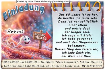 Lustige Einladungskarte zum Geburtstag mit Cartoon eines Spermiums auf dem Weg zur Eizelle