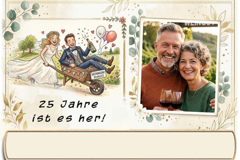 Tischkarte Silberhochzeit - Ihr Foto und Textfeld für den Namen Ihres Gastes neben lustigem Bild