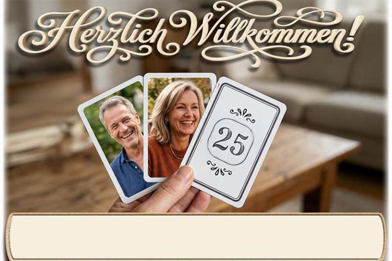 Tischkarte Silberhochzeit - 2 Fotos auf Spielkarten und Textfeld für den Namen Ihres Gastes