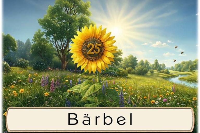Tischkarte Silberhochzeit - die Sonnenblume und der Name des Gastes