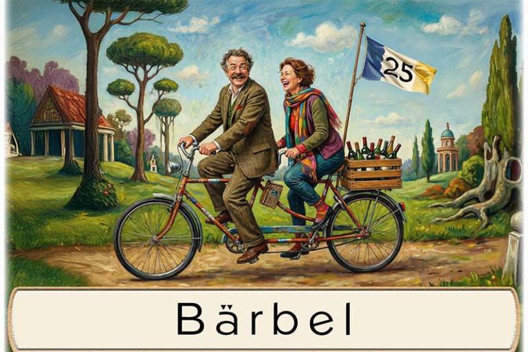 Tischkarte Silberhochzeit - das Paar auf dem Tandem mit dem Namen des Gastes