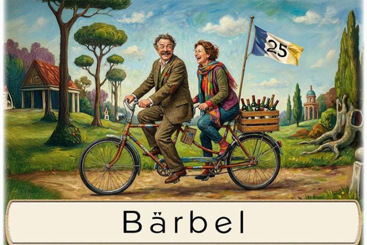 Tischkarte Silberhochzeit - das Paar auf dem Tandem mit dem Namen des Gastes