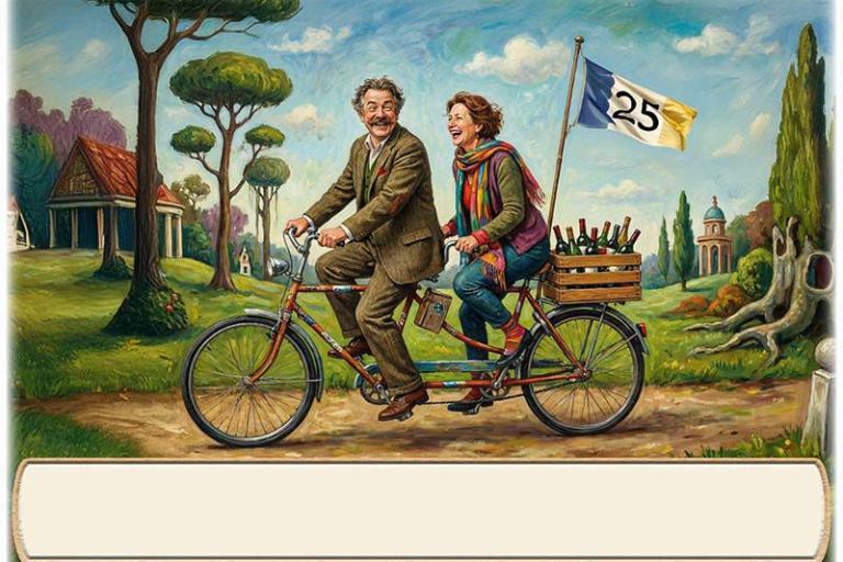 Tischkarte Silberhochzeit - das Paar auf dem Tandem mit Textfeld für den Namen des Gastes