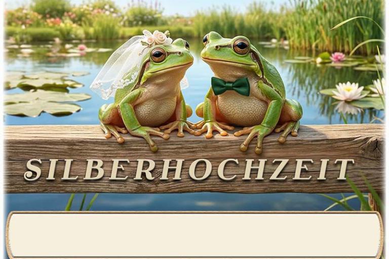 Tischkarte Silberhochzeit - das lustige Froschpaar mit Textfeld für den Namen des Gastes