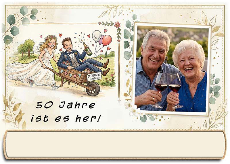 Die Tischkarte zur Goldenen Hochzeit als kleine Klappkarte mit Ihrem Foto und einem lustigen Bild