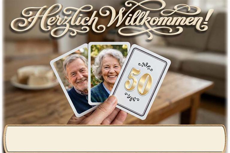 Die Tischkarte zur Goldenen Hochzeit als kleine Klappkarte mit 2 Ihrer Fotos auf Spielkarten