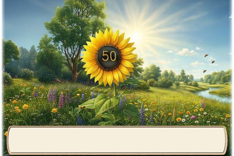 Die Tischkarte zur Goldenen Hochzeit als kleine Klappkarte mit der Zahl 50 in einer Sonnenblume