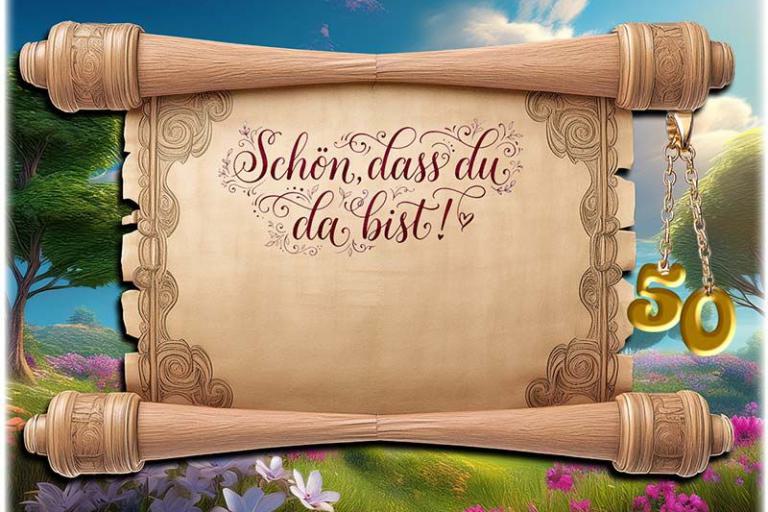 Die Tischkarte zur Goldenen Hochzeit als kleine Klappkarte mit der dekorativen Schriftrolle