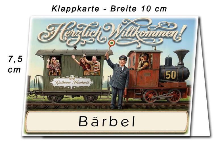 Die Tischkarte zur Goldenen Hochzeit als kleine Klappkarte mit dem lustigen Sonderzug