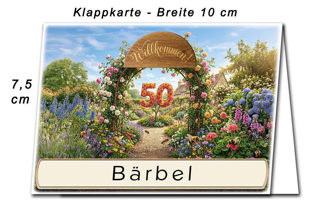 Die Tischkarte zur Goldenen Hochzeit als kleine Klappkarte mit der Zahl 50 in einem Rosenbogen