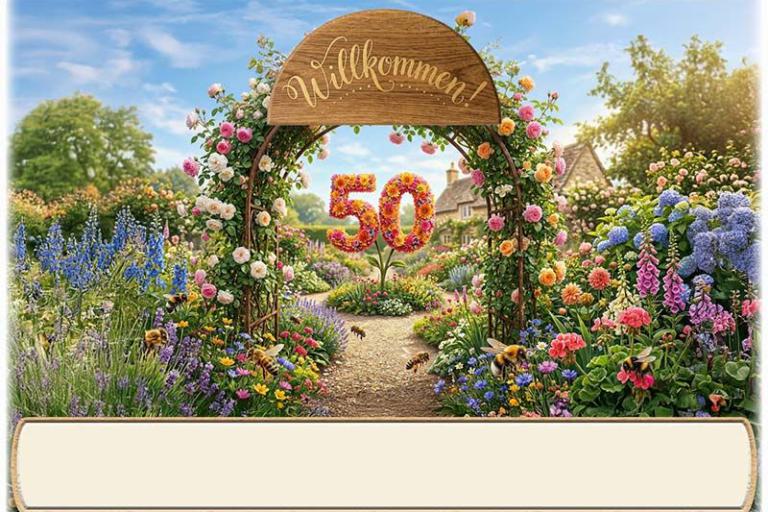 Die Tischkarte zur Goldenen Hochzeit als kleine Klappkarte mit der Zahl 50 in einem Rosenbogen