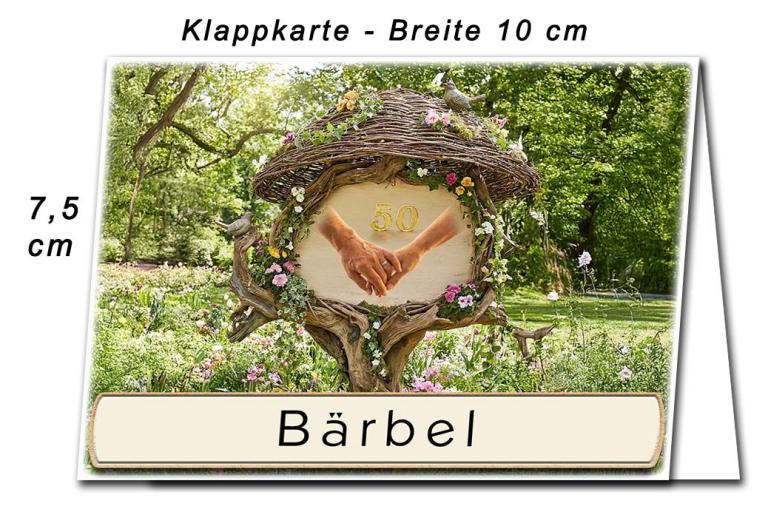 Die Tischkarte zur Goldenen Hochzeit als kleine Klappkarte mit dem Schild Hand in Hand