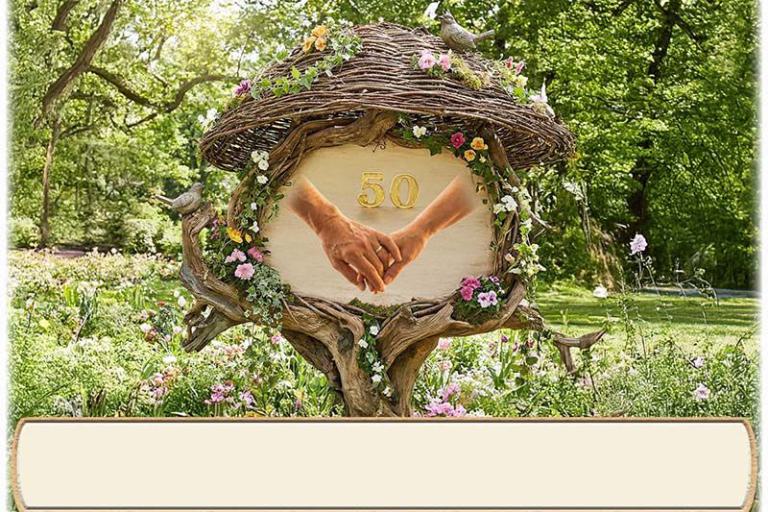 Die Tischkarte zur Goldenen Hochzeit als kleine Klappkarte mit dem Schild Hand in Hand
