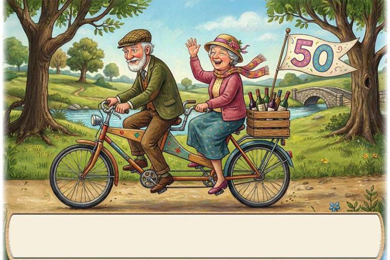 Die Tischkarte zur Goldenen Hochzeit als kleine Klappkarte mit dem lustigen Ehepaar auf einem Tandem