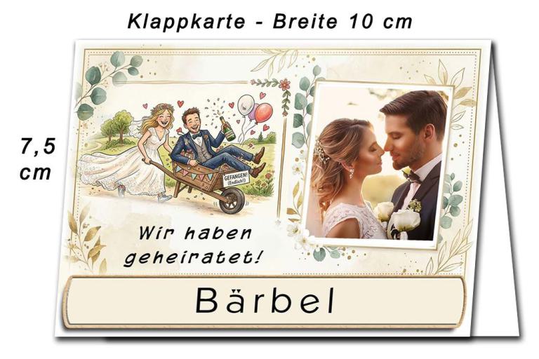 Die Tischkarte zur Hochzeitsfeier – Ihr Foto neben einem lustigen Bild – Abmessungen der Platzkarten