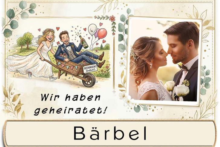 Die Tischkarte zur Hochzeitsfeier – Ihr Foto neben einem lustigen Bild – mit eingedrucktem Namen des Gastes