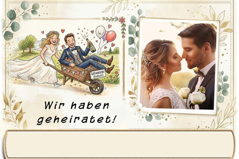 Die Tischkarte zur Hochzeitsfeier – Ihr Foto neben einem lustigen Bild – mit leerem Textfeld für den Namen des Gastes