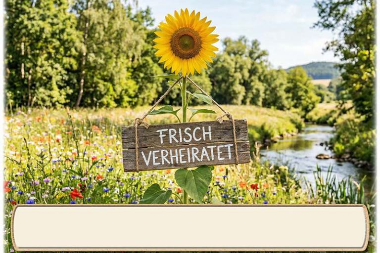 Die Tischkarte zur Hochzeitsfeier – die Sonnenblume mit dem Holzschild frisch verheiratet – mit leerem Textfeld für den Namen des Gastes