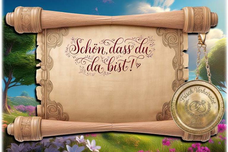 Die Tischkarte zur Hochzeitsfeier – die Schriftrolle Schön dass du da bist – mit leerem Textfeld für den Namen des Gastes