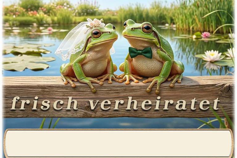 Die Tischkarte zur Hochzeitsfeier – das lustige Froschpaar – mit leerem Textfeld für den Namen des Gastes