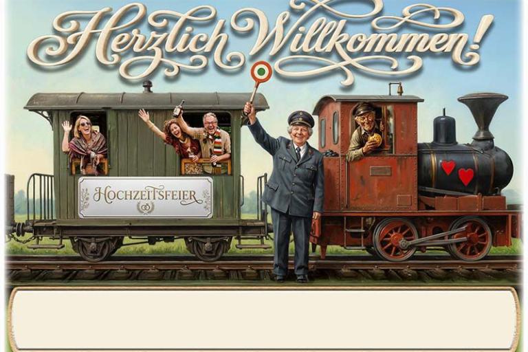 Die Tischkarte zur Hochzeitsfeier – der lustige Sonderzug – mit leerem Textfeld für den Namen des Gastes