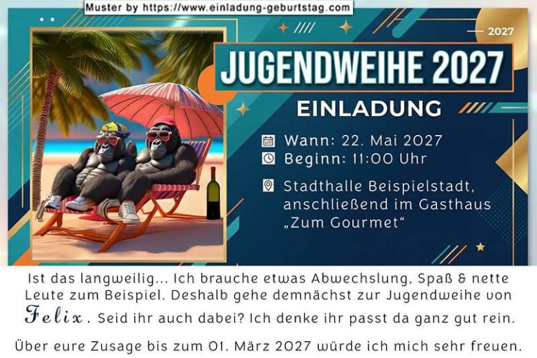 die lustige Einladung zur Jugendweihe mit 2 Gorillas im Liegestuhl