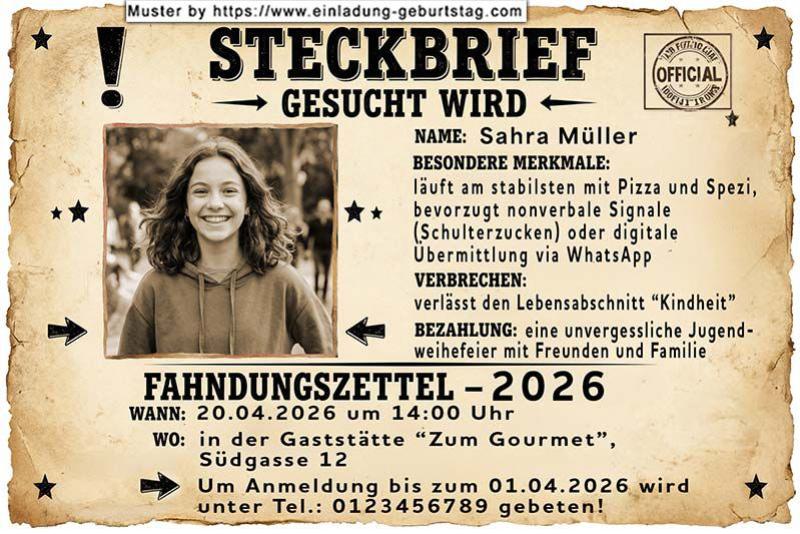 Die lustige Einladungskarte zur Jugendweihe mit dem Steckbrief, auf dem sich dein Foto befindet.