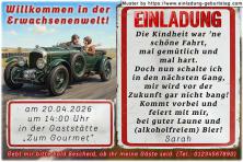Die lustige Einladung zur Jugendweihe dem dem schicken Oldtimerauto auf der Landstraße