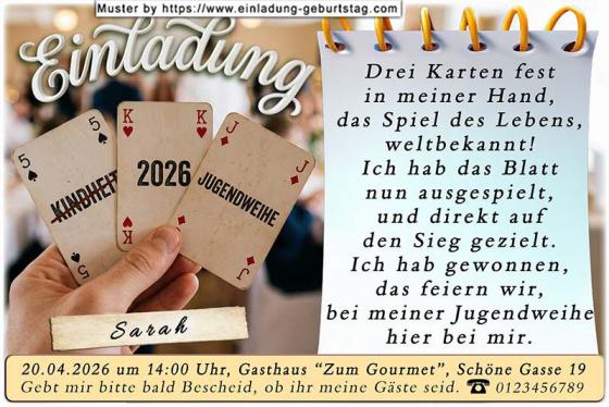 Die lustige Einladung zur Jugendweihe mit dem speziellen Jugendweihekartenspiel - 3 Karten in einer Hand.