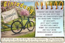 Die lustige Einladung zur Jugendweihe nit dem Sporfahrrad im Park und der Jugendweihefahne am Gepäckträger.