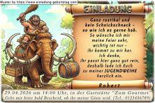 Die lustige Einladung zur Jugendweihe mit dem Urmenschen auf einem Mammut - du wünscht dir eine rustikale Feier.