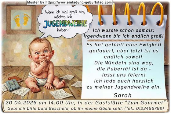 Die lustige Einladung zur Jugendweihe mit dem grübelnden Baby, wenn ich mal groß bin, hab ich Jugendweihe.