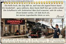 Die lustige Einladung zur Jugendweihe mit dem Zug in einem Bahnhof - der Sonderhalt.