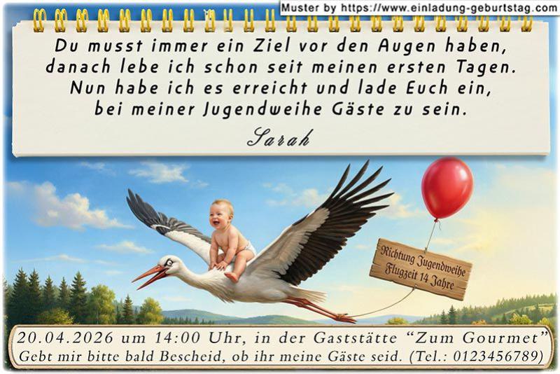 Die lustige Einladung zur Jugendweihe mit dem auf einem Storch reitenden Baby Richtung Jugendweihe.