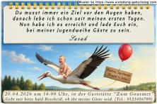 Die lustige Einladung zur Jugendweihe mit dem auf einem Storch reitenden Baby Richtung Jugendweihe.