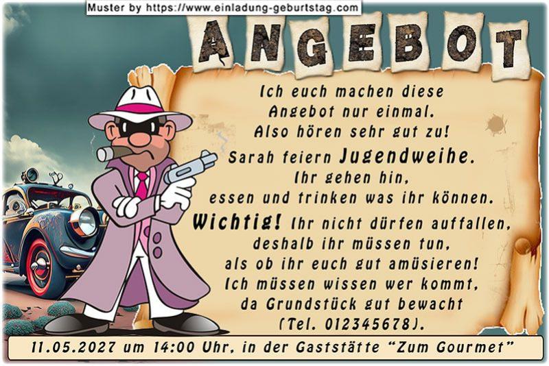 Ein Angebot von einem Freund der Familie als lustige Einladung zur Jugendweihe